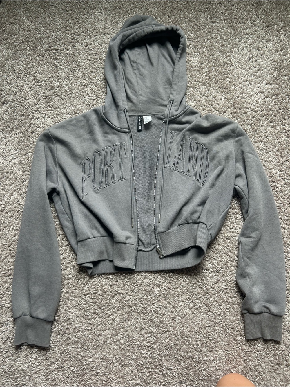 Gray Zip-Up Hoodie with Embossed 'PORTLAND' Text